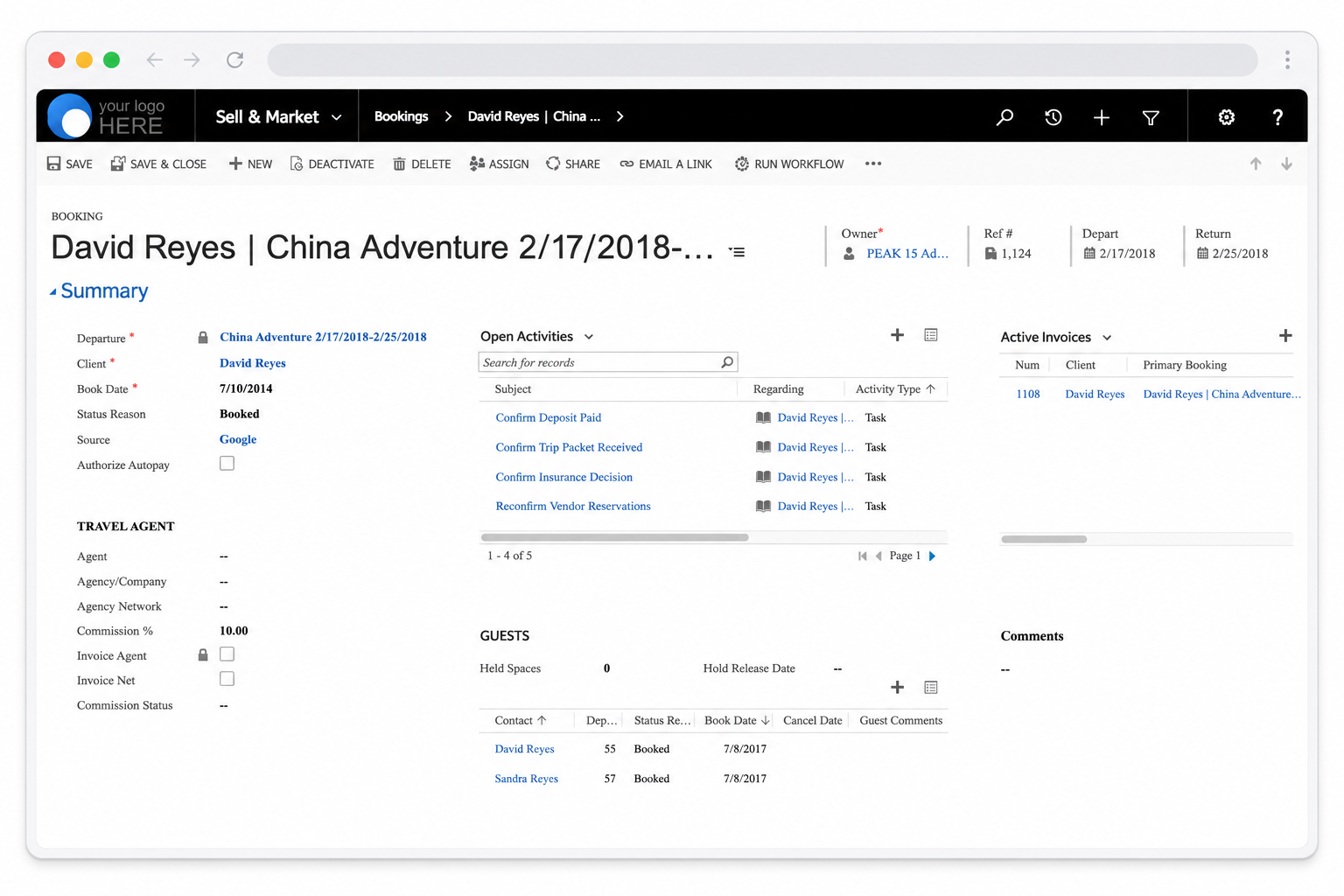 CRM contact record for David Reyes, showing China Adventure 2/17/2018 details on a white dashboard