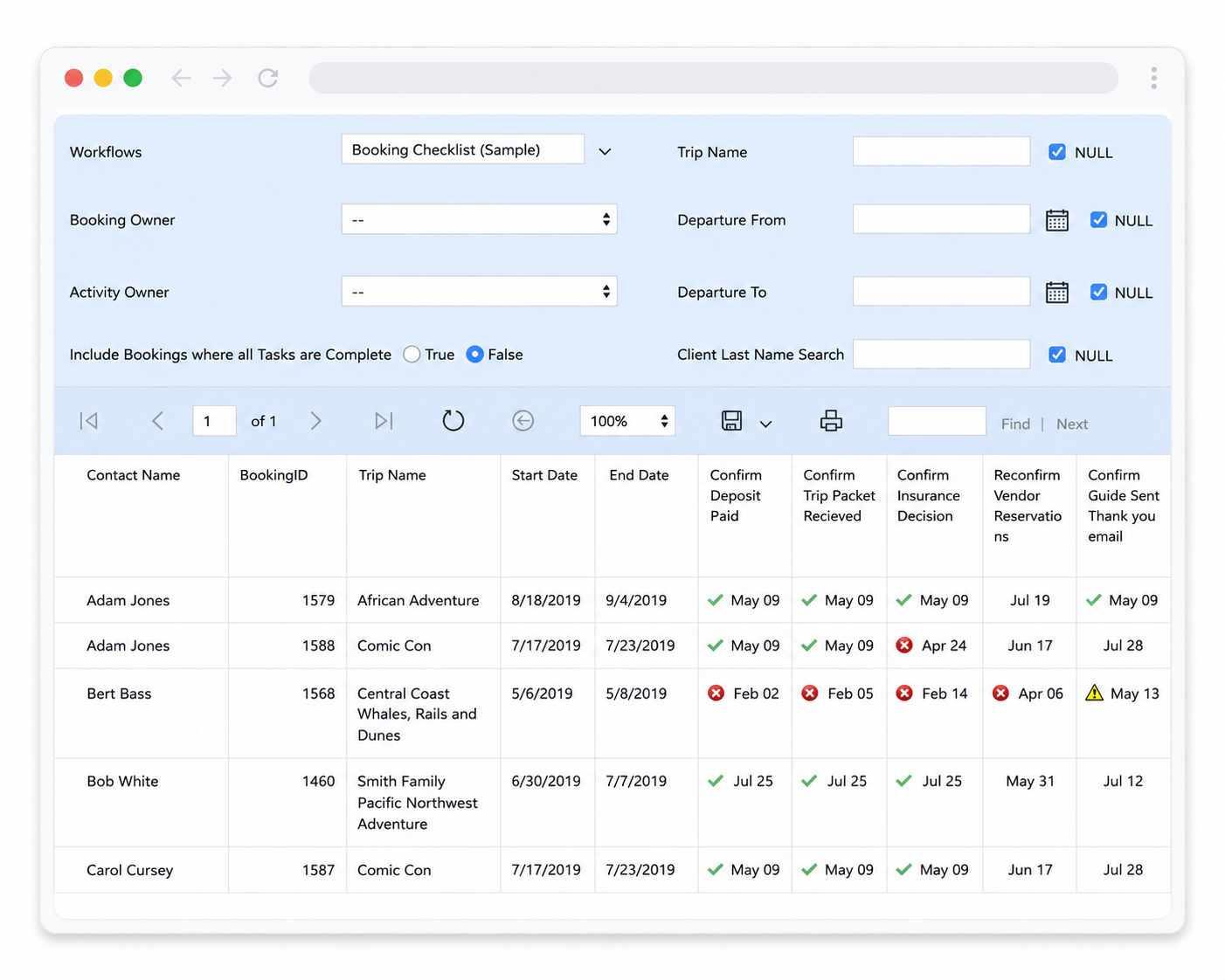 Desktop app window showing a light-blue form and a data table with rows and status icons