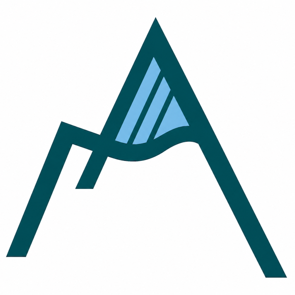 Abstract teal and blue geometric logo resembling a stylized mountain or tent on a white background