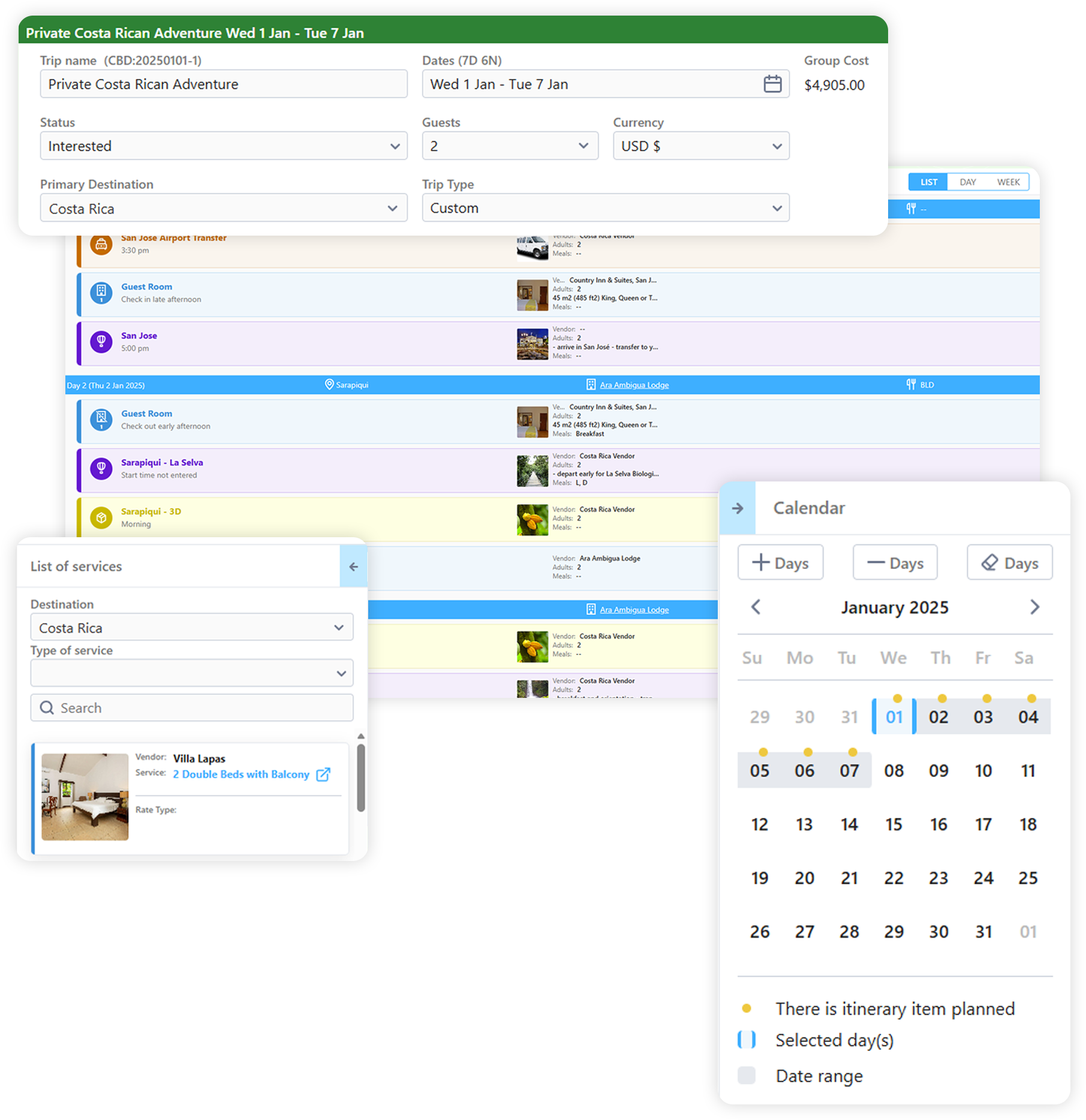 Calendar and scheduling app with a month grid, event lists, and overlapping event pop-up windows in blue and green.