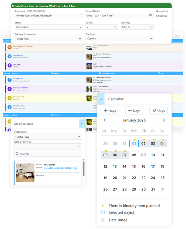 Desktop app with dropdown menus, a contact list, and a pop-up calendar picker over a white interface.