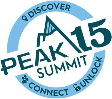 Round logo for Peak Summit 15 with a mountain, blue ring, and words “Discover,” “Connect,” and “Unlock.”