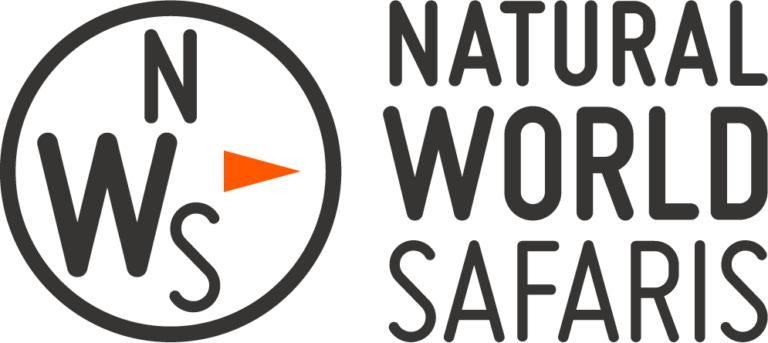 Natural World Safaris logo with black compass icon and orange arrow