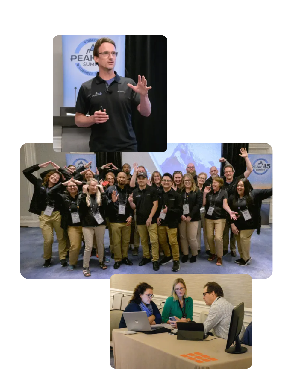 Collage of PEAK 15 team members, PEAK 15's CEO, a team celebration, and PEAK 15 working together with customers