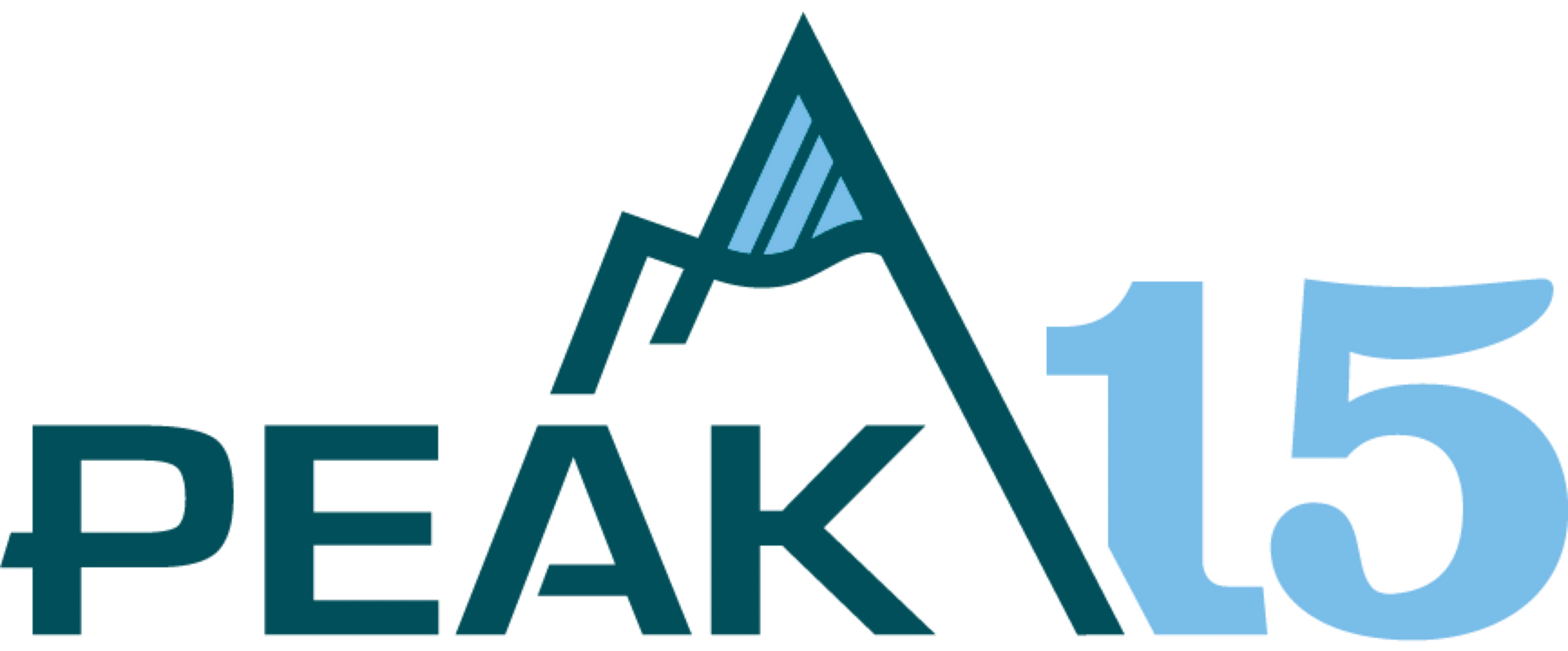 PEAK 15 logo in teal and light blue, with a stylized mountain peak between the words and numbers.