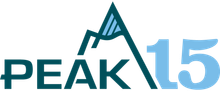 PEAK 15 logo in teal and light blue, with a stylized mountain peak between the words and numbers.