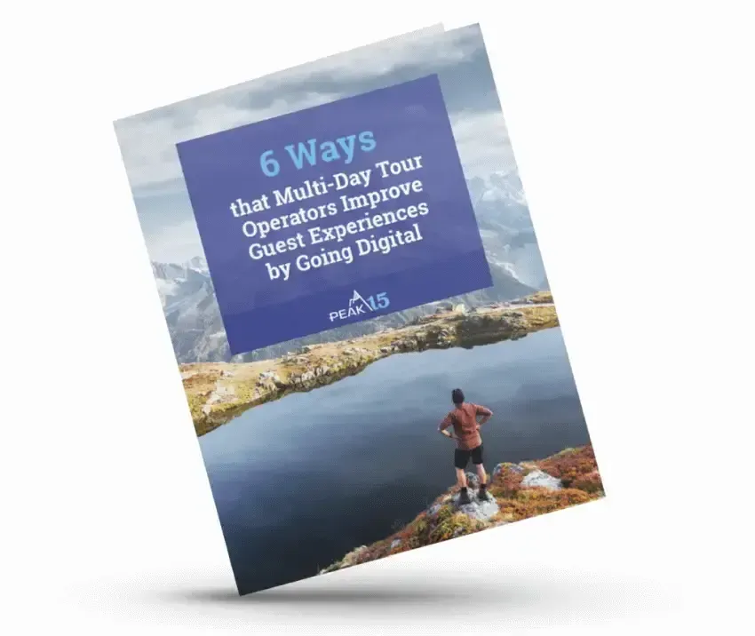 Book cover titled “6 Ways that Anti-Dry Tour Opens Improve Guest Experiences by Going Digital,” over lake scene with hiker