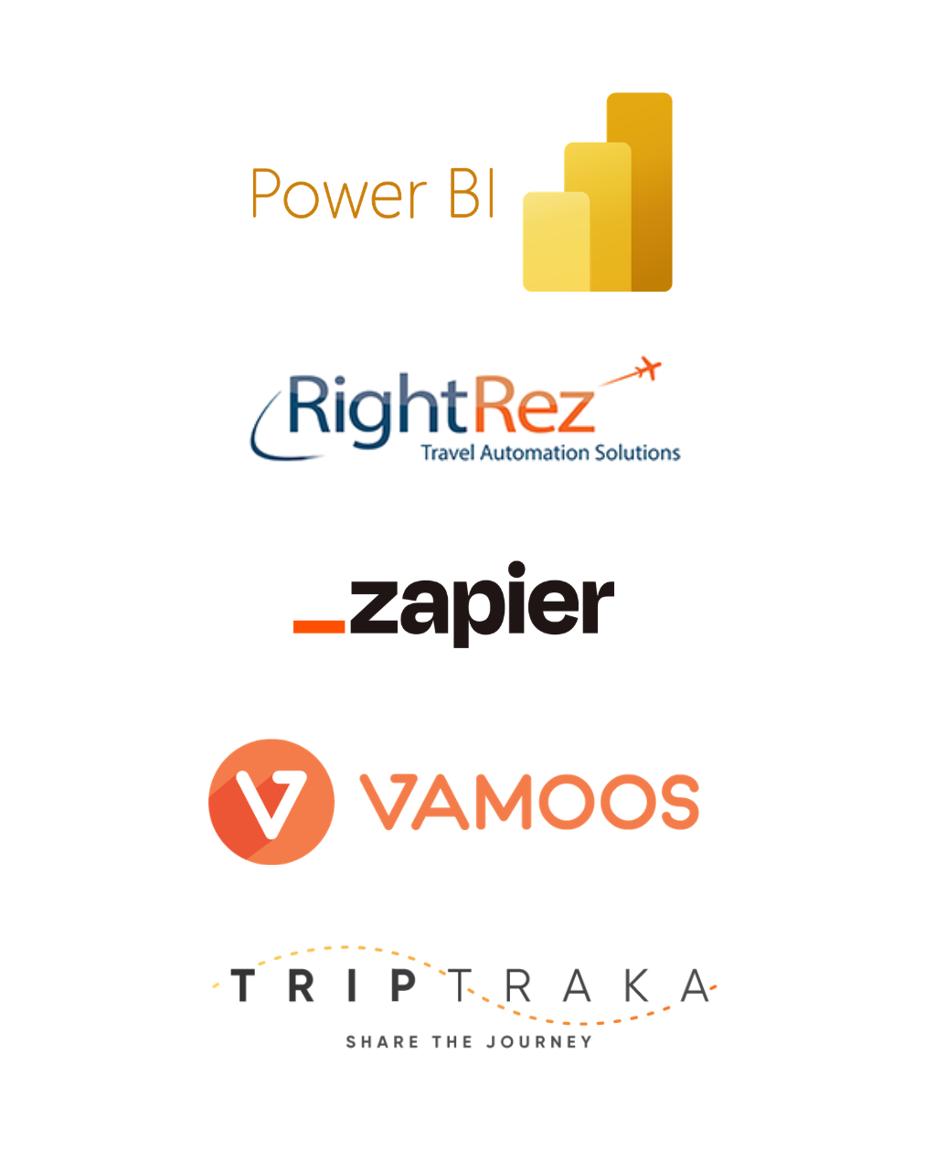 power bi, rightrez, zapier, vamoos and triptraka logos