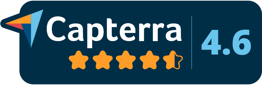 Capterra rating badge with 4.6 stars in blue and orange on a dark background