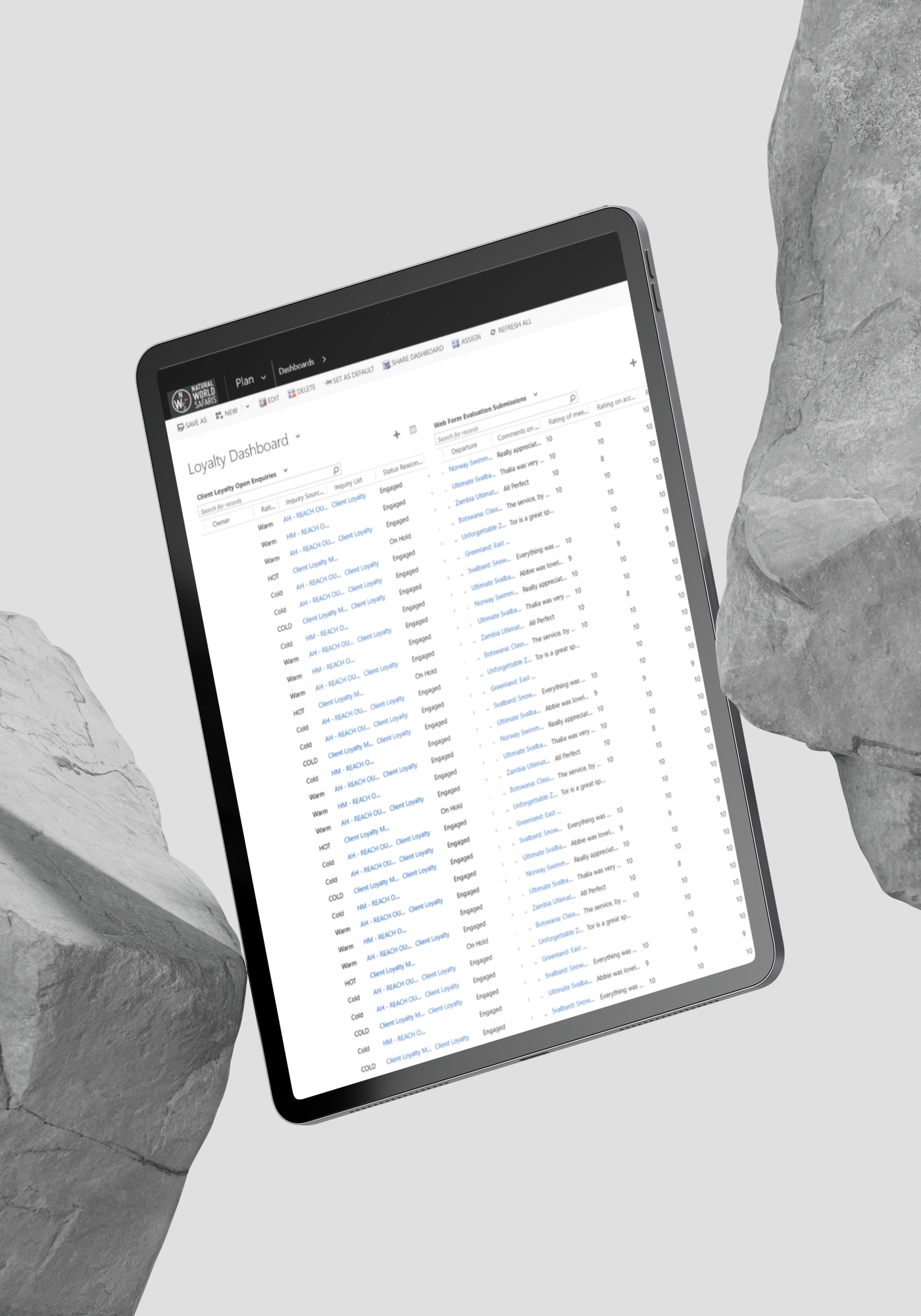 Tablet displaying a spreadsheet-like list, held between two hands against a light background