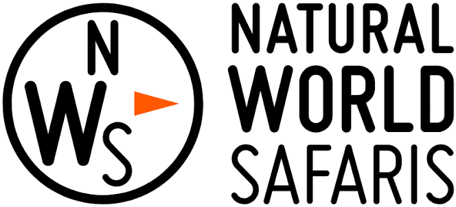 Natural World Safaris logo with black text and compass icon in black and orange