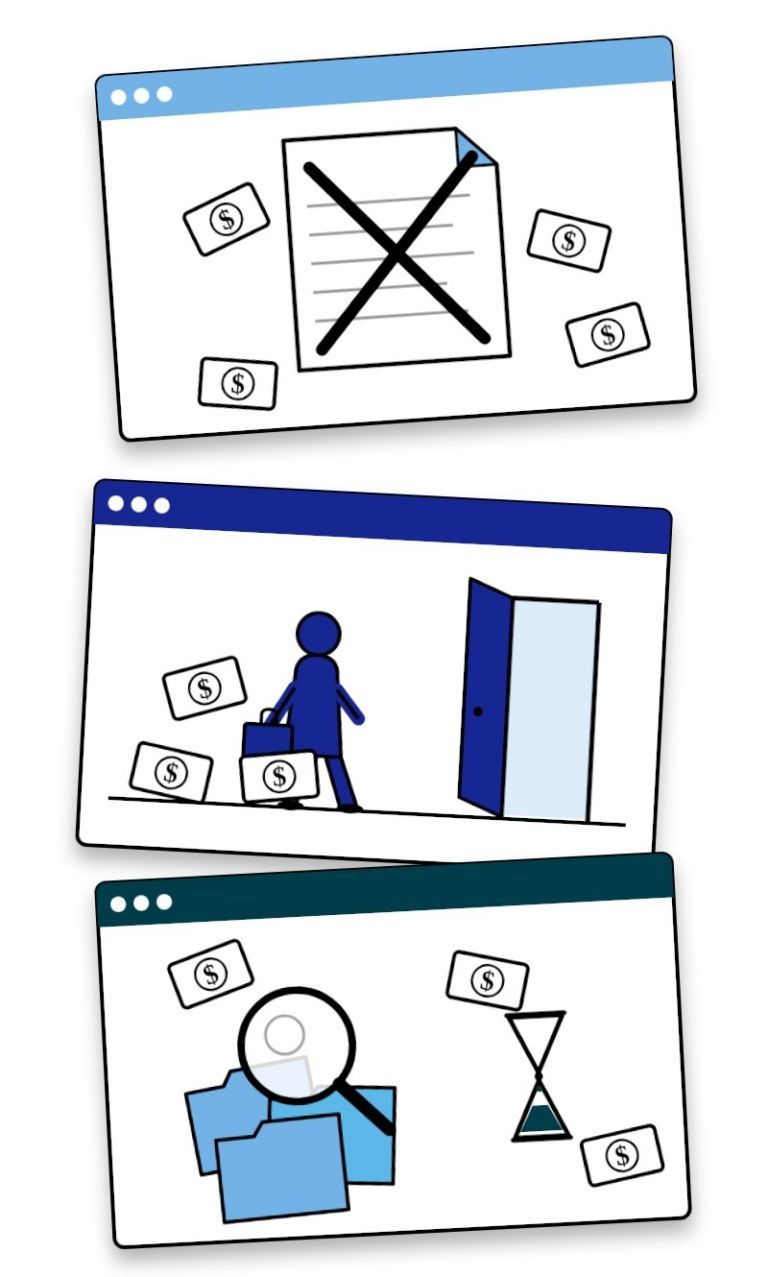 Three-panel cartoon of computer misuse: deleting files, walking through a door