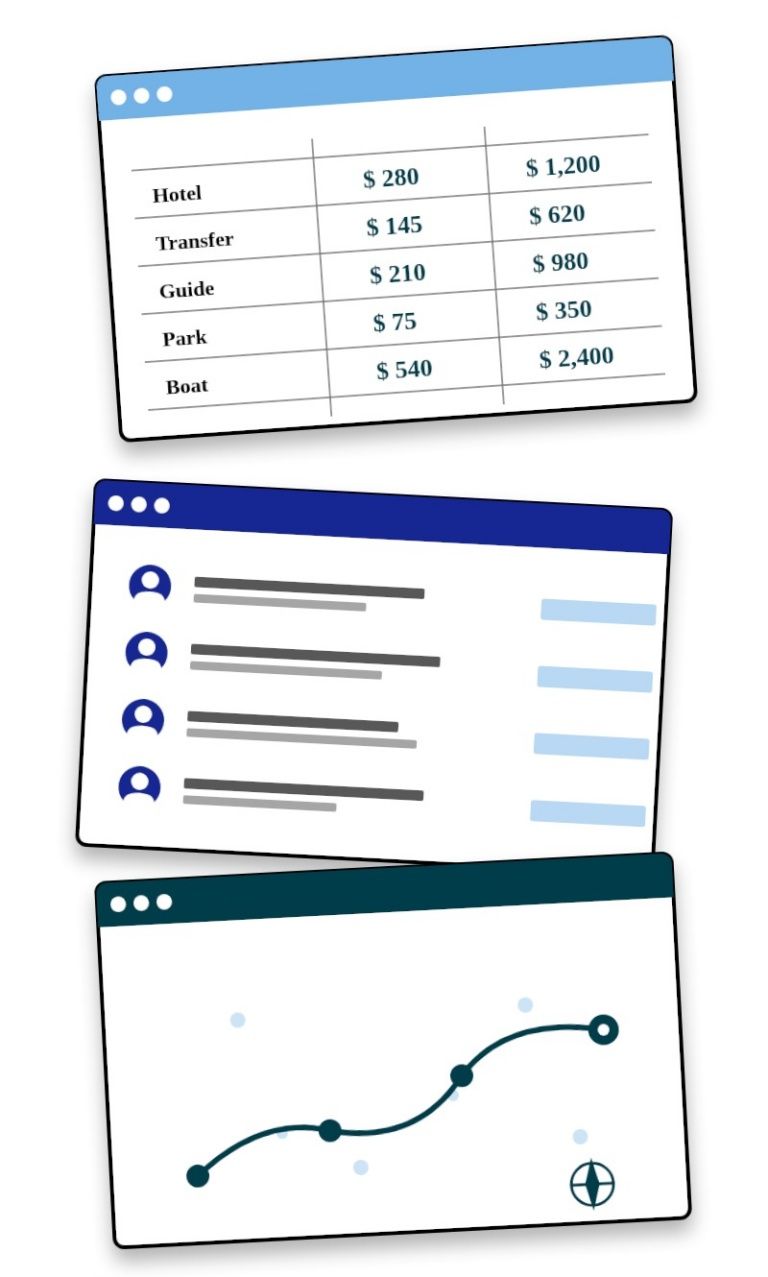Three stacked app screens: blue finance table, dark blue list, and a line chart with rising trend.