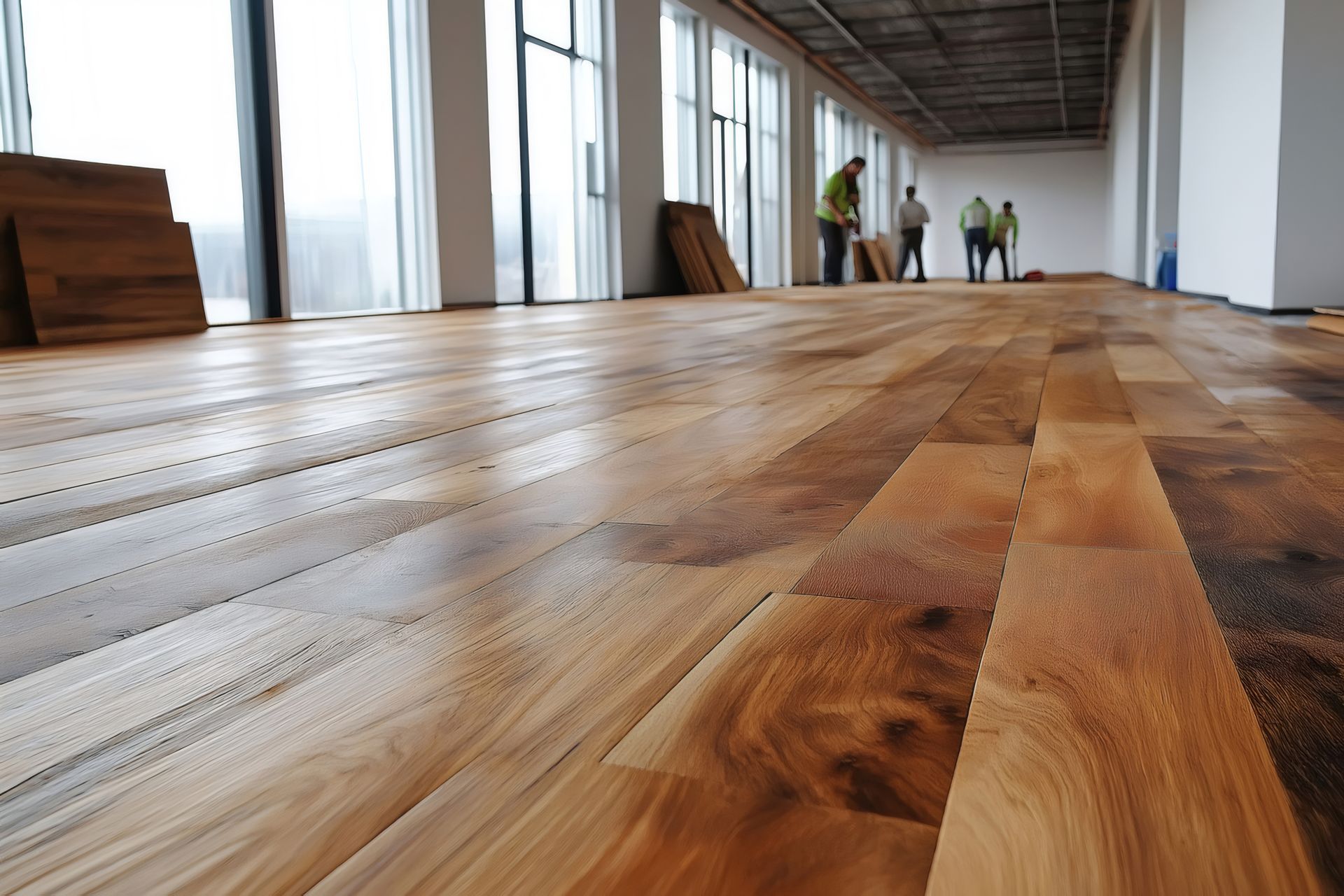Wooden floor in a room with large windows; workers in the background.