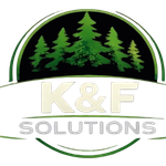 K&F Solutions logo with green pine trees above cream and gray text on a black and white oval background