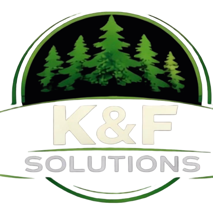 K&F Solutions logo with green pine trees above cream and gray text on a black and white oval background