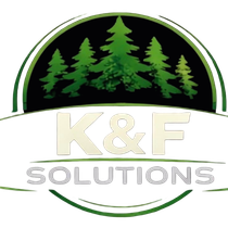 K&F Solutions logo with green pine trees above cream and gray text on a black and white oval background