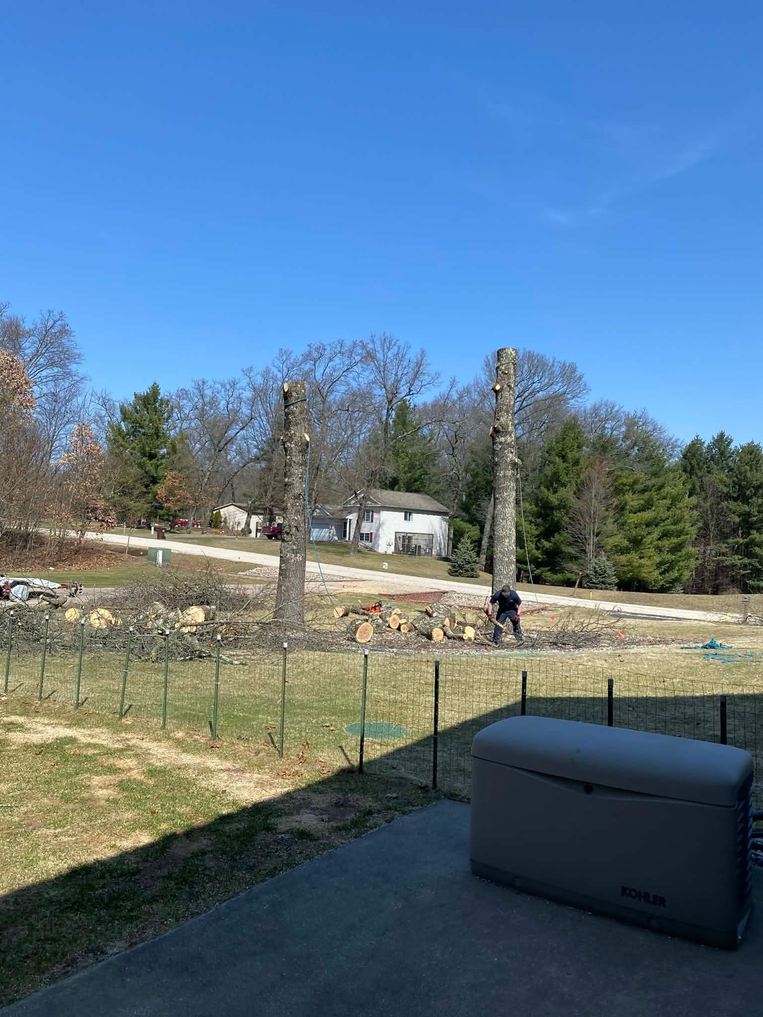 Backyard with stone wall, trees, and a person standing near a fence under a blue sky