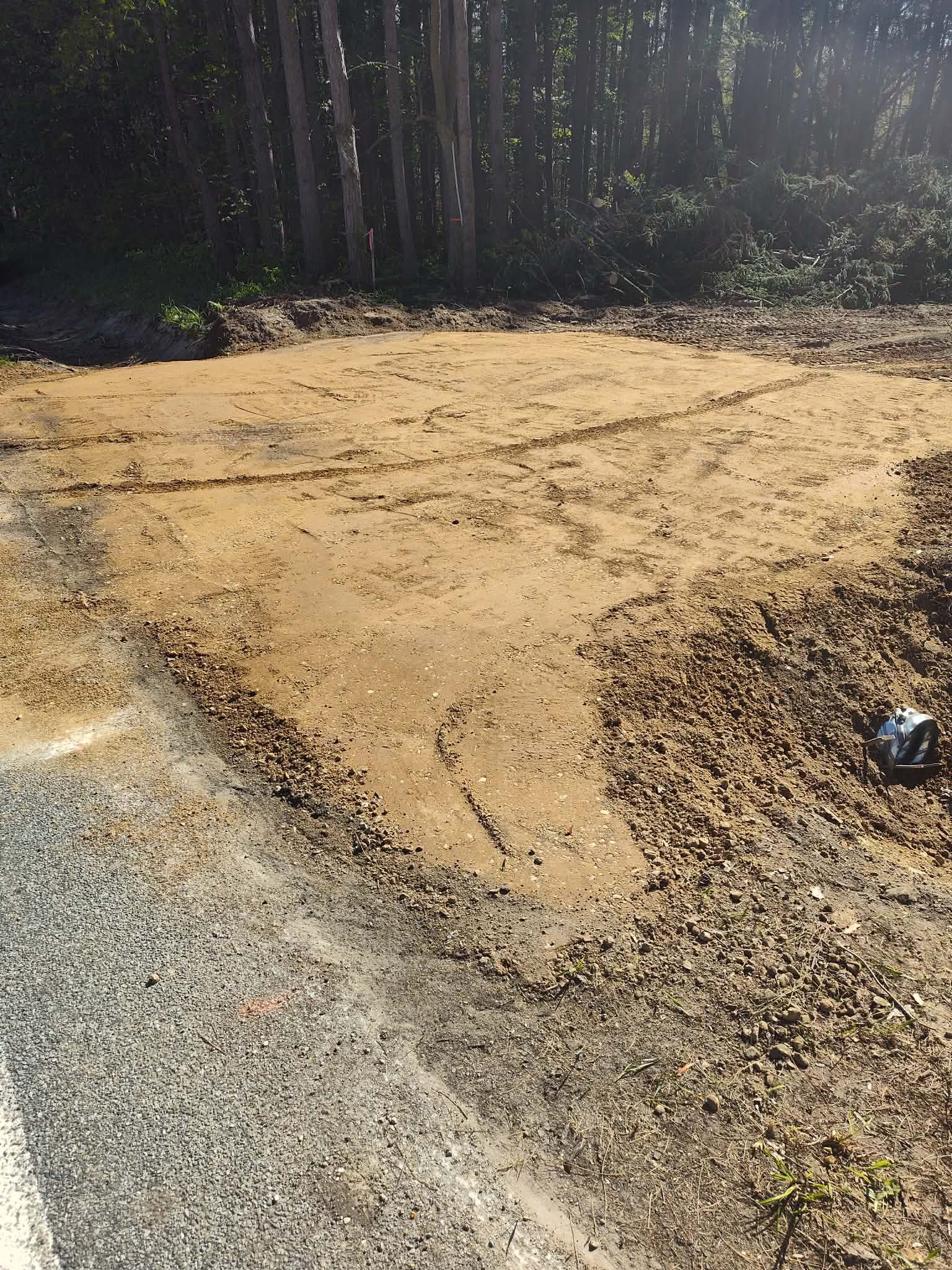 Freshly cleared dirt patch beside a gravel driveway, bordered by trees in bright sunlight.