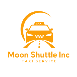 Orange Moon Shuttle Inc logo with a taxi car under an arch and road graphic