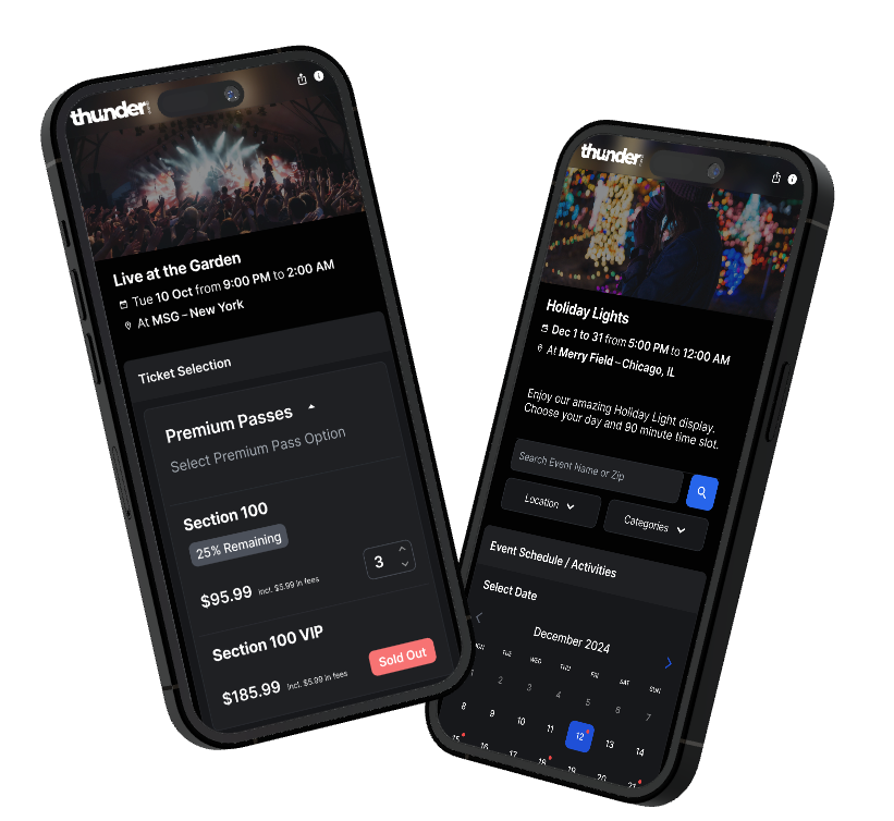 Mobile event ticketing pages in Ticketsauce showcasing ticket buying experience for live music festival and attraction