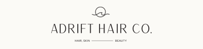 Adrift Hair Co. logo with minimalist line art and small text on a light background