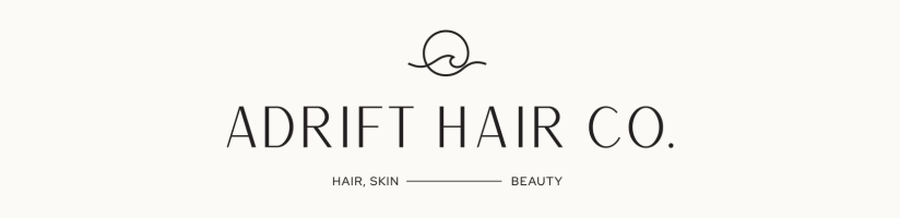 Adrift Hair Co. logo with minimalist line art and small text on a light background