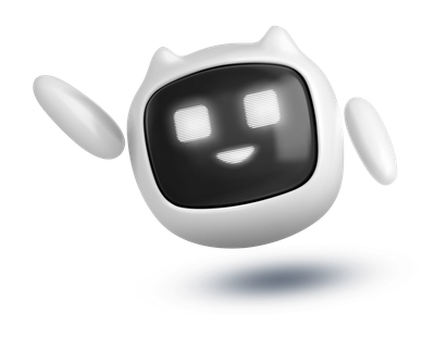Smiling white robot with cat-like ears and outstretched arms, floating.