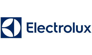 Electrolux logo: blue square with white and blue stylized butterfly shape, and "Electrolux" text.