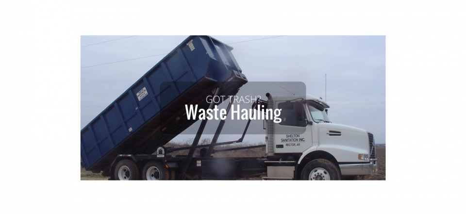 White garbage truck dumping a blue dumpster with “Waste Hauling” text overlaid