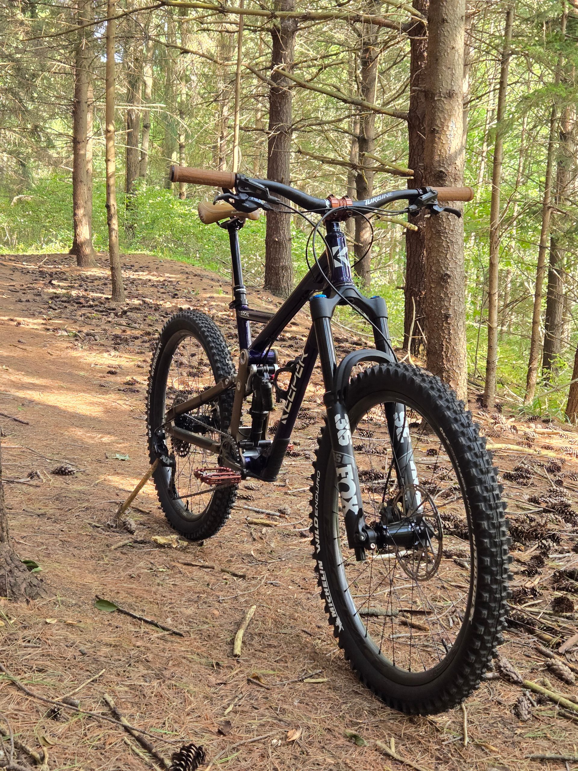 Dark blue mountain bike on a forest path with brown accents.