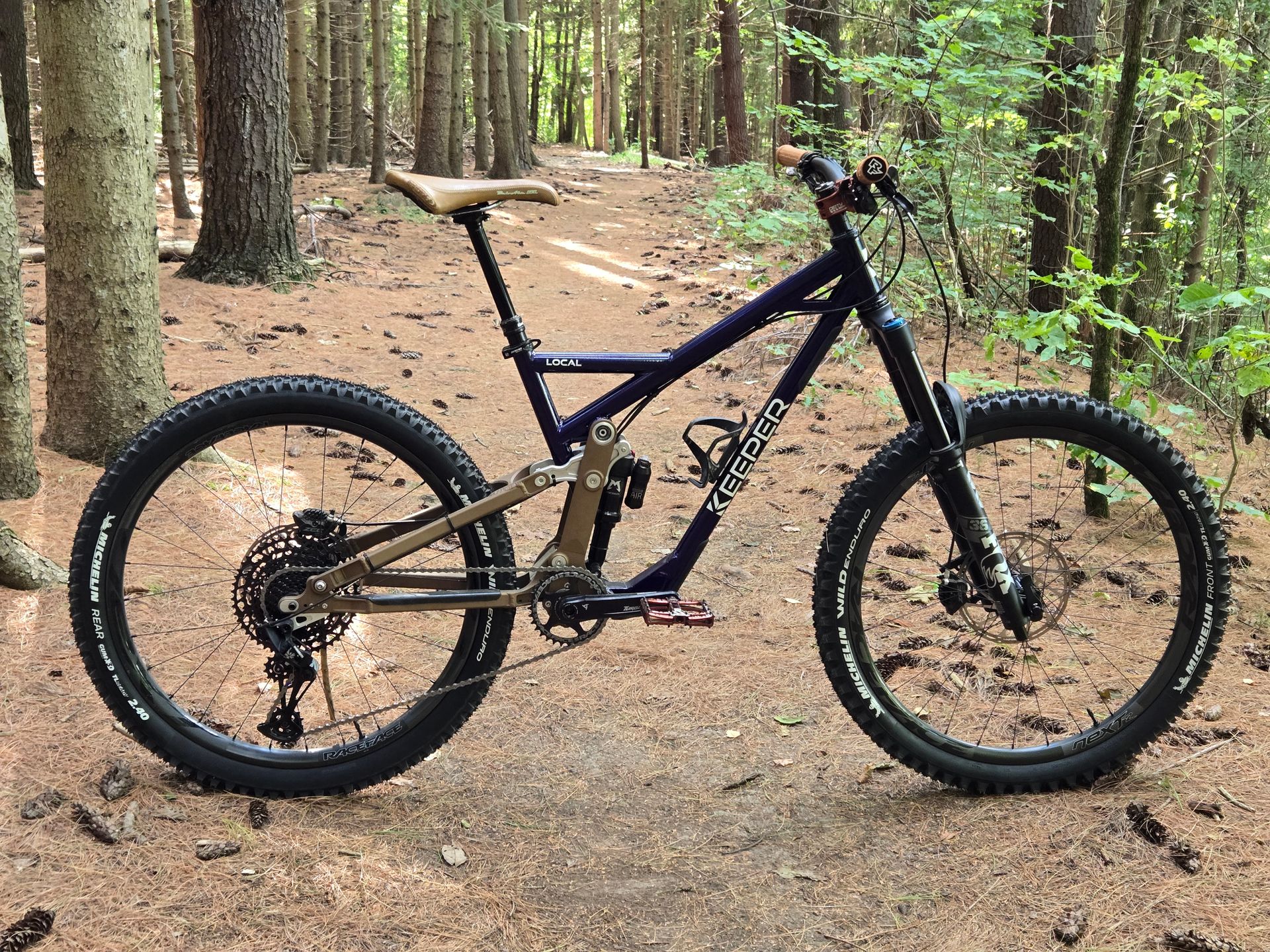 Mountain bike on a forest trail, navy blue frame with tan seat, black tires, and light brown ground.