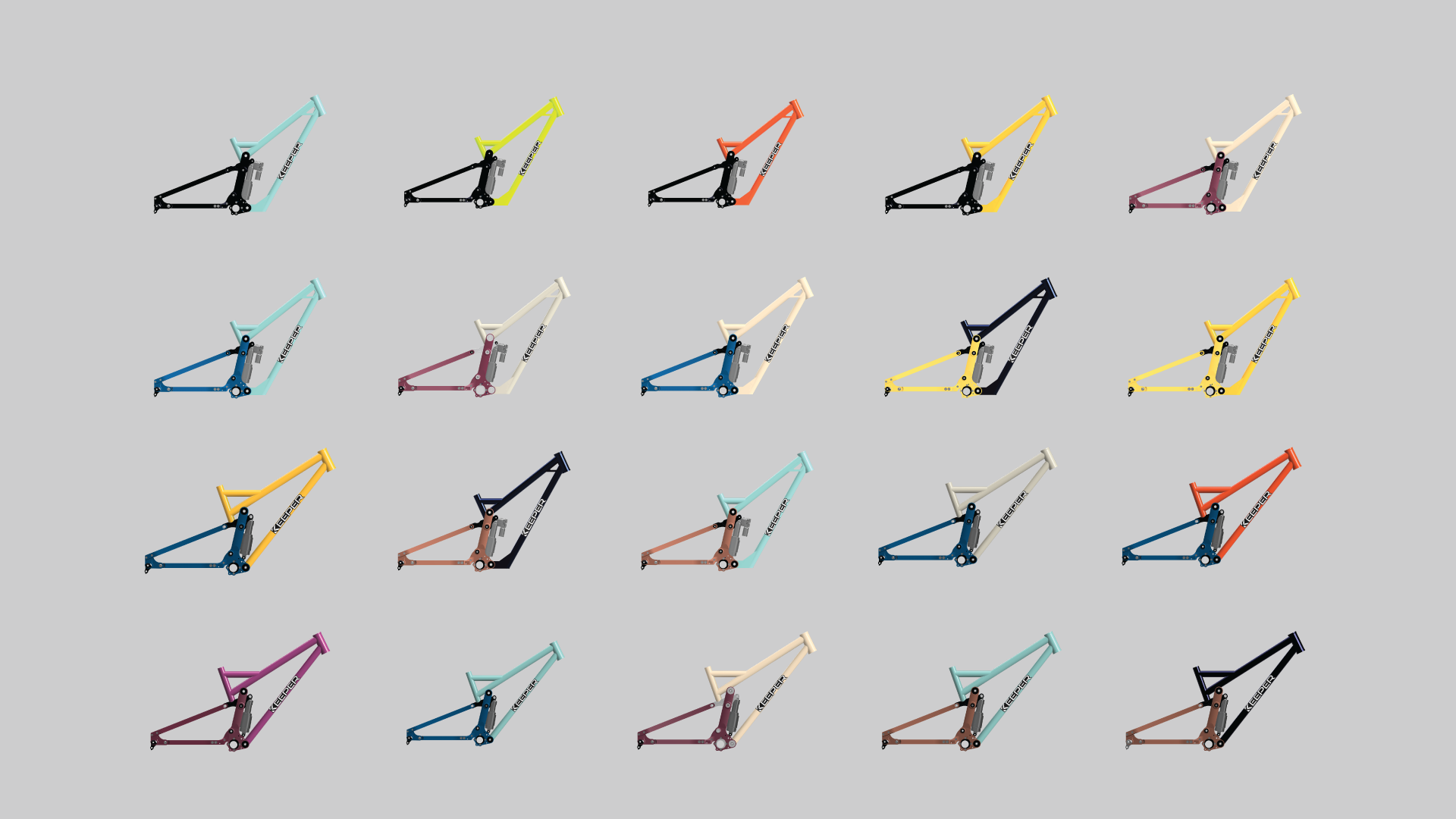 Twenty mountain bike frames in various colors arranged on a gray background.
