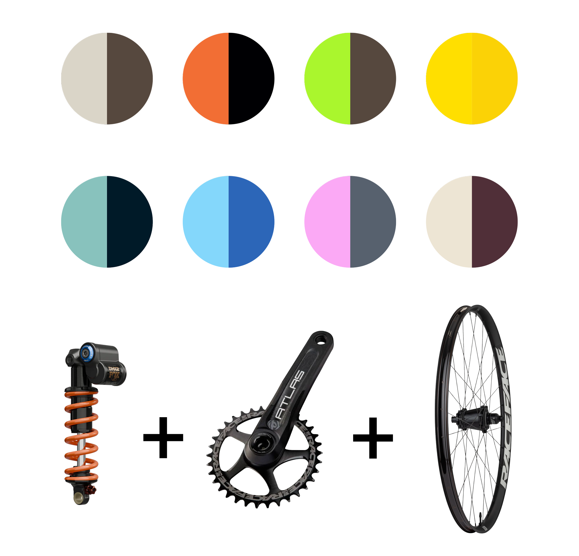 Color palette above bicycle components: shock, crankset, and wheel.