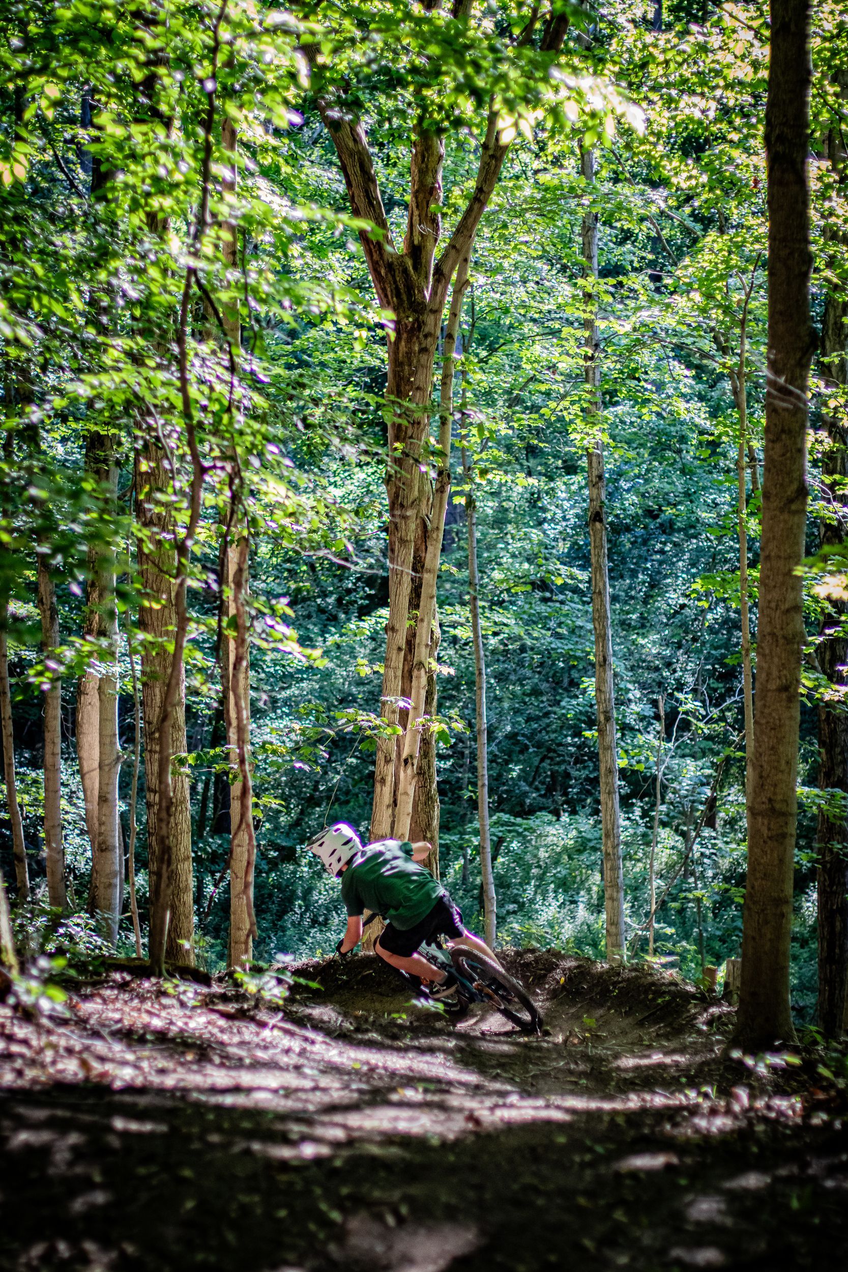Mountain biker riding downhill on a wooded trail, leaning into a turn.