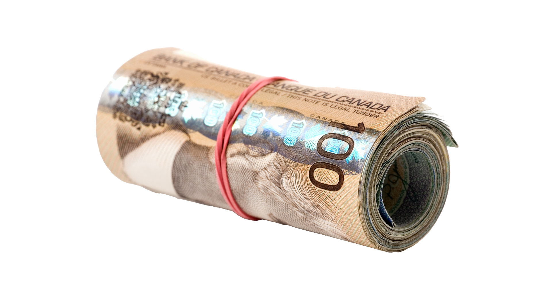 Rolled Canadian bills secured with a red rubber band, with 