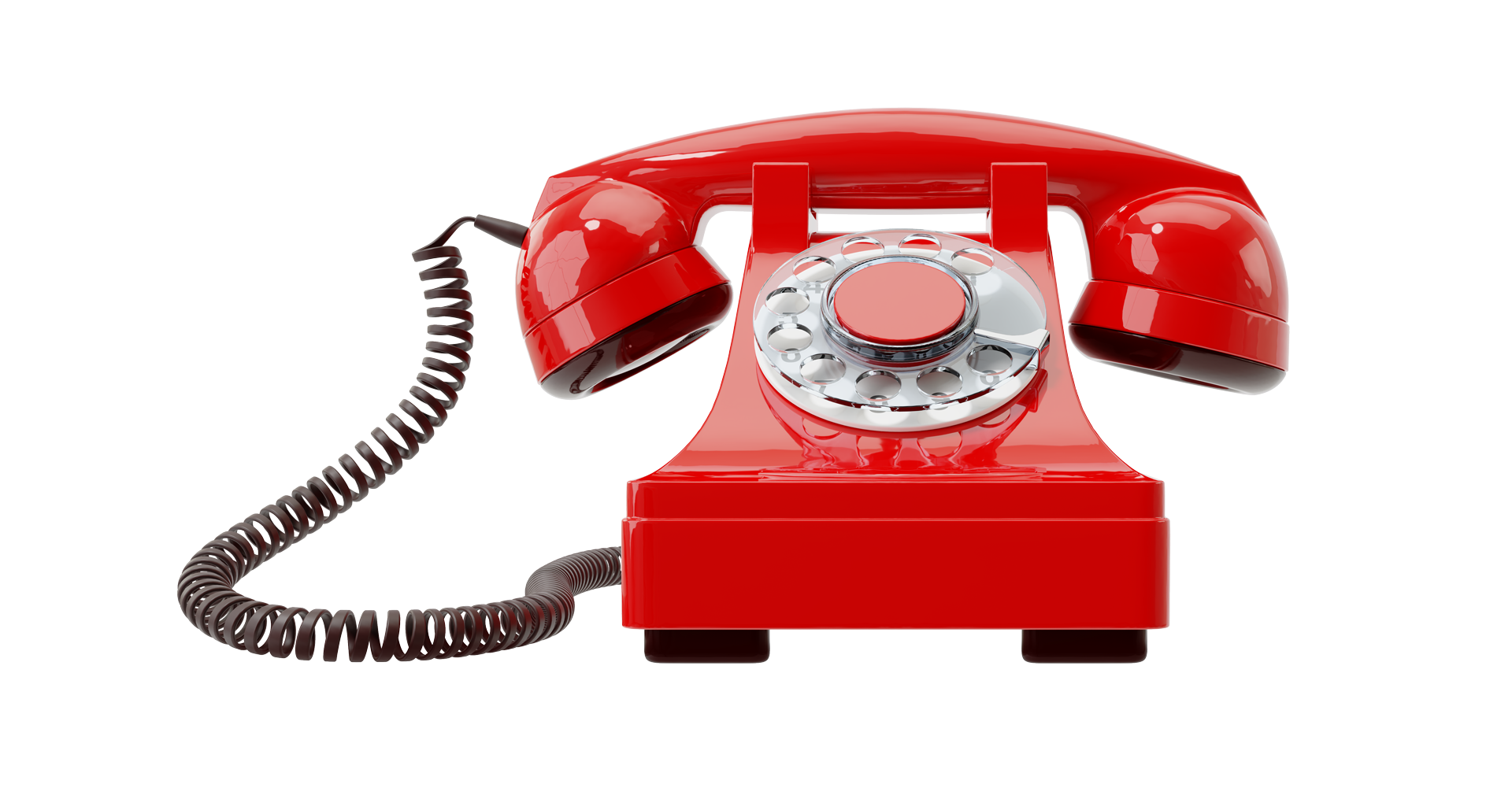 Red rotary phone, coiled cord, white background.