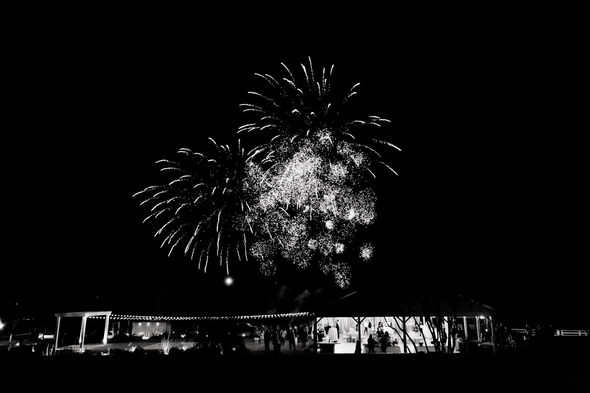 Fireworks explode over a silhouetted building and crowd at night.
