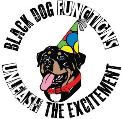Rottweiler wearing a party hat; "Black Dog Functions" logo with "Unleash The Excitement" text.