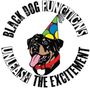 Rottweiler wearing a party hat; "Black Dog Functions" logo with "Unleash The Excitement" text.