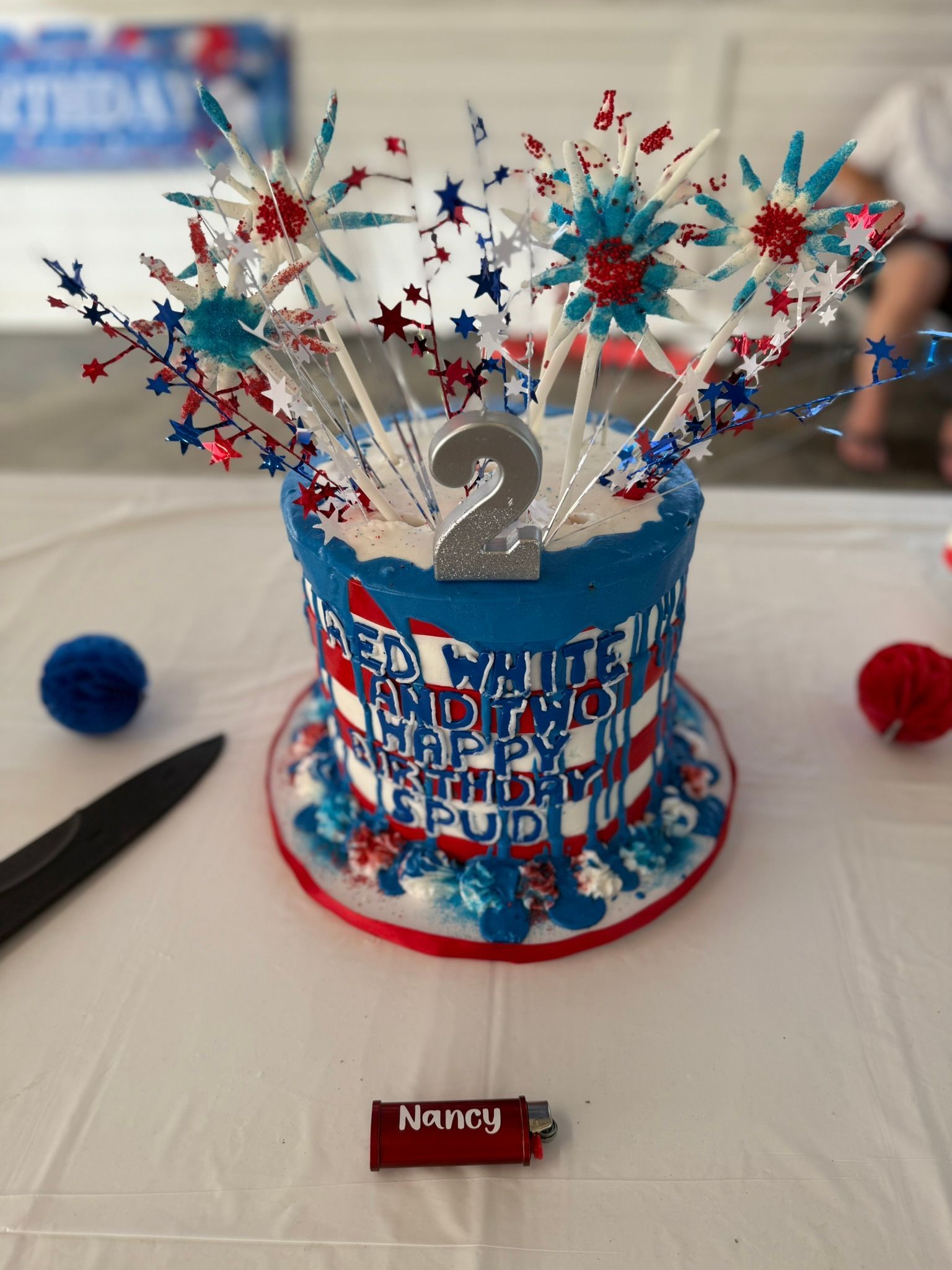 Patriotic birthday cake with fireworks decorations, number 