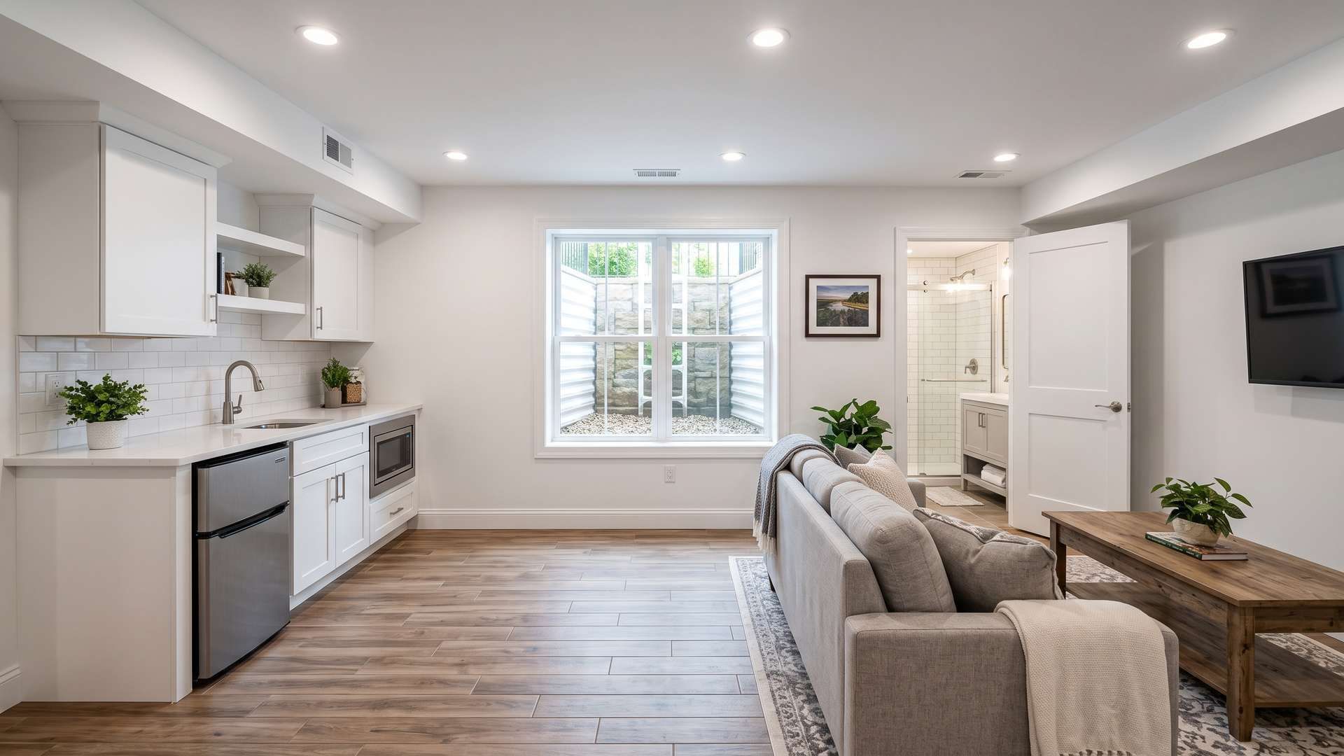 Finished basement suite with wood-look tile, kitchenette and egress window in a NJ home