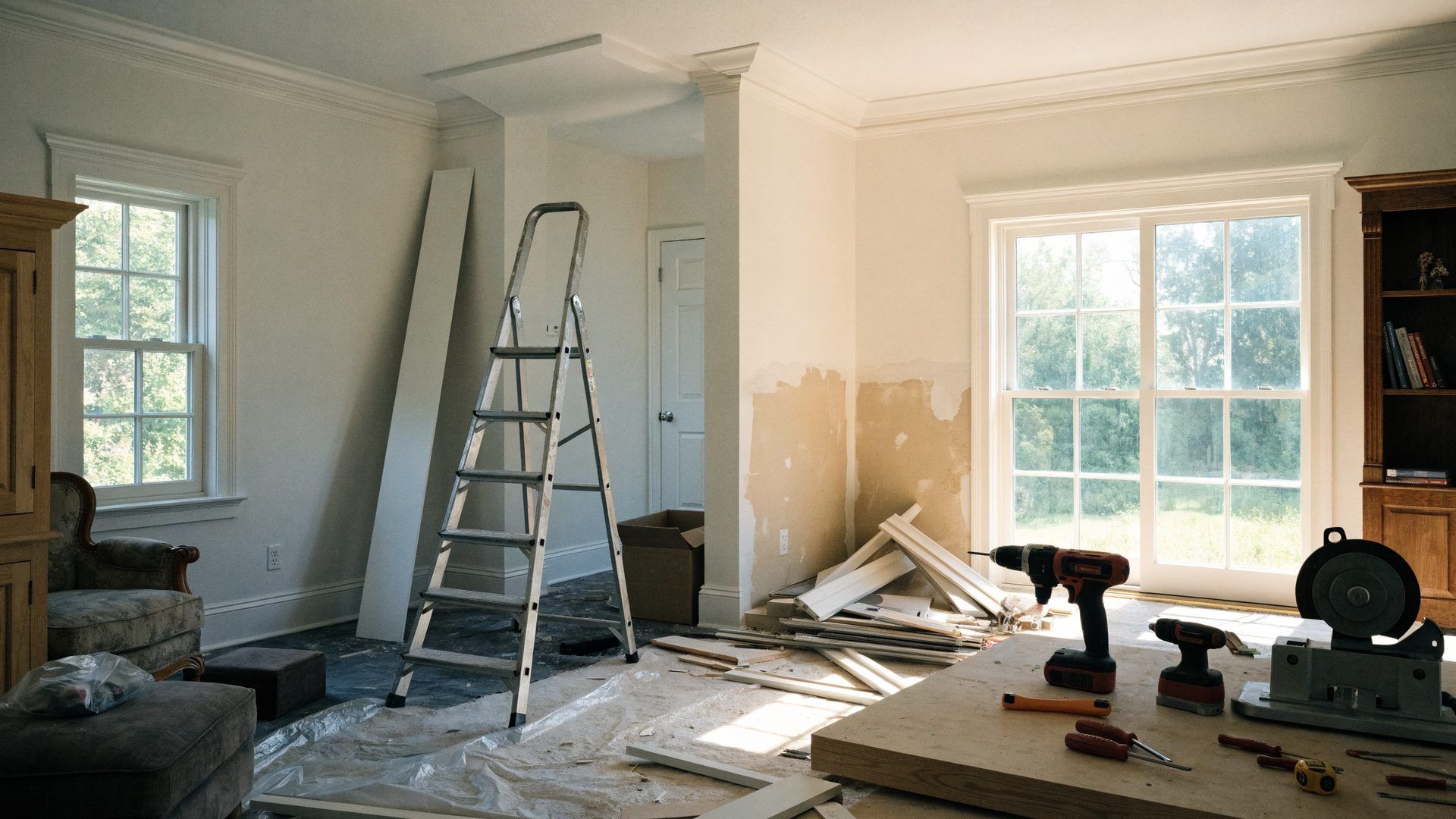 Half finished DIY home improvement project with a stepladder, tools and drywall patch in a NJ living
