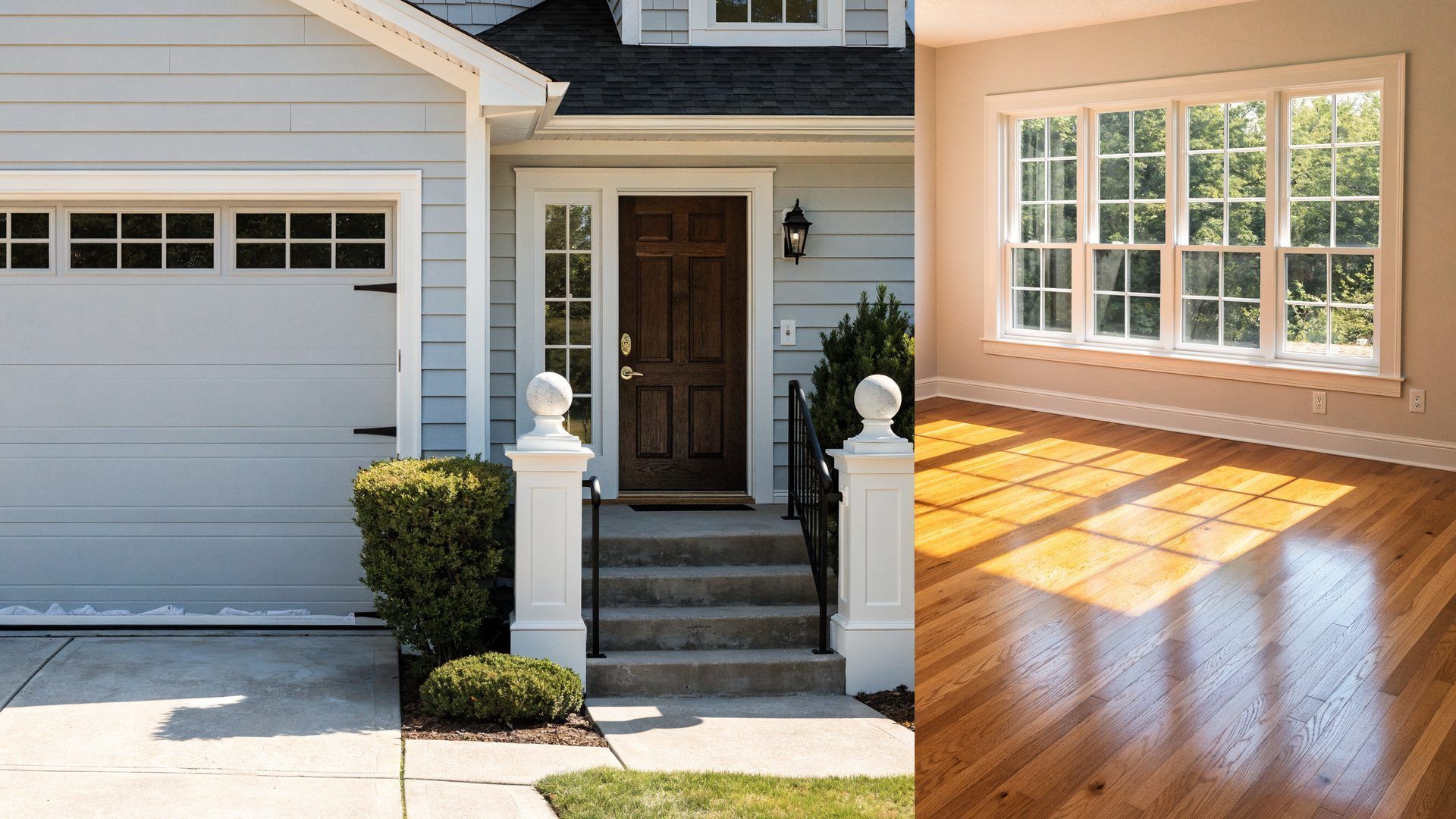 New garage door and stained front entry beside freshly refinished oak hardwood flooring in a NJ home