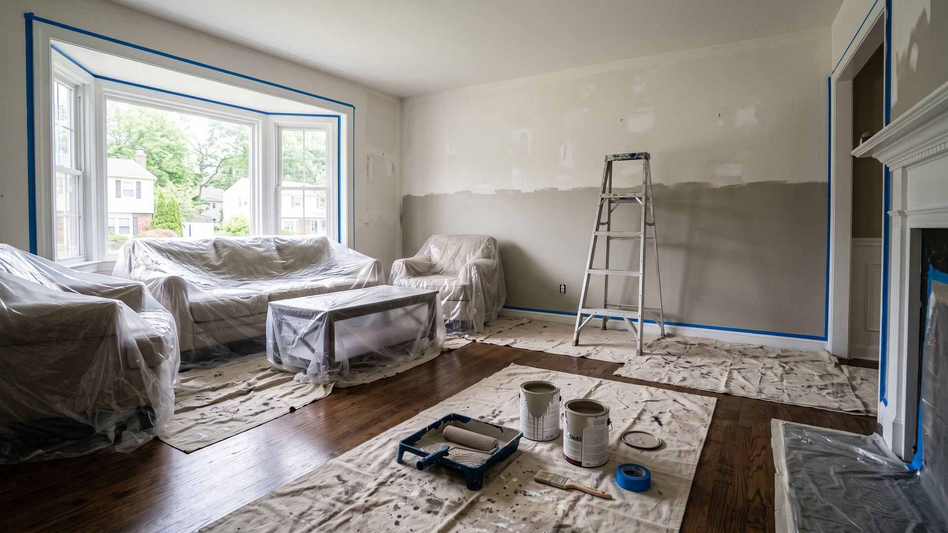 Living room mid-repaint with drop cloths, taped trim and patched walls in a Somerset County home
