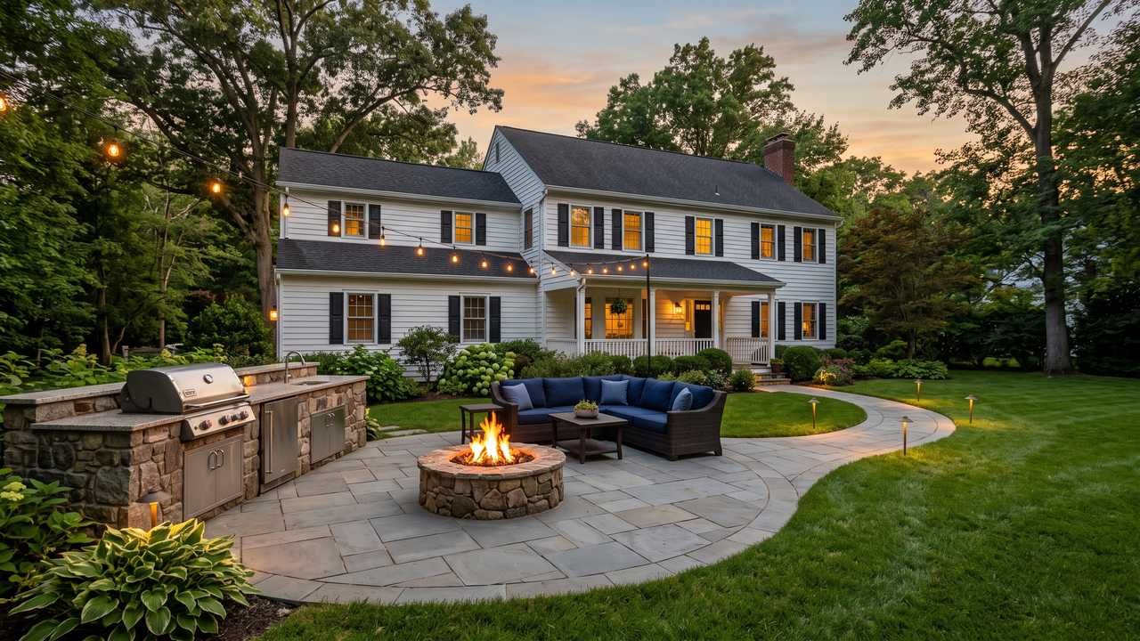 Paver patio with stone fire pit, string lights and outdoor kitchen at a Somerset County NJ home