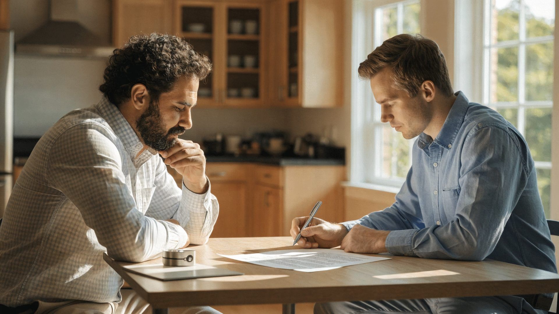 Homeowner and contractor reviewing a written remodeling contract at a kitchen table in Somerset Coun