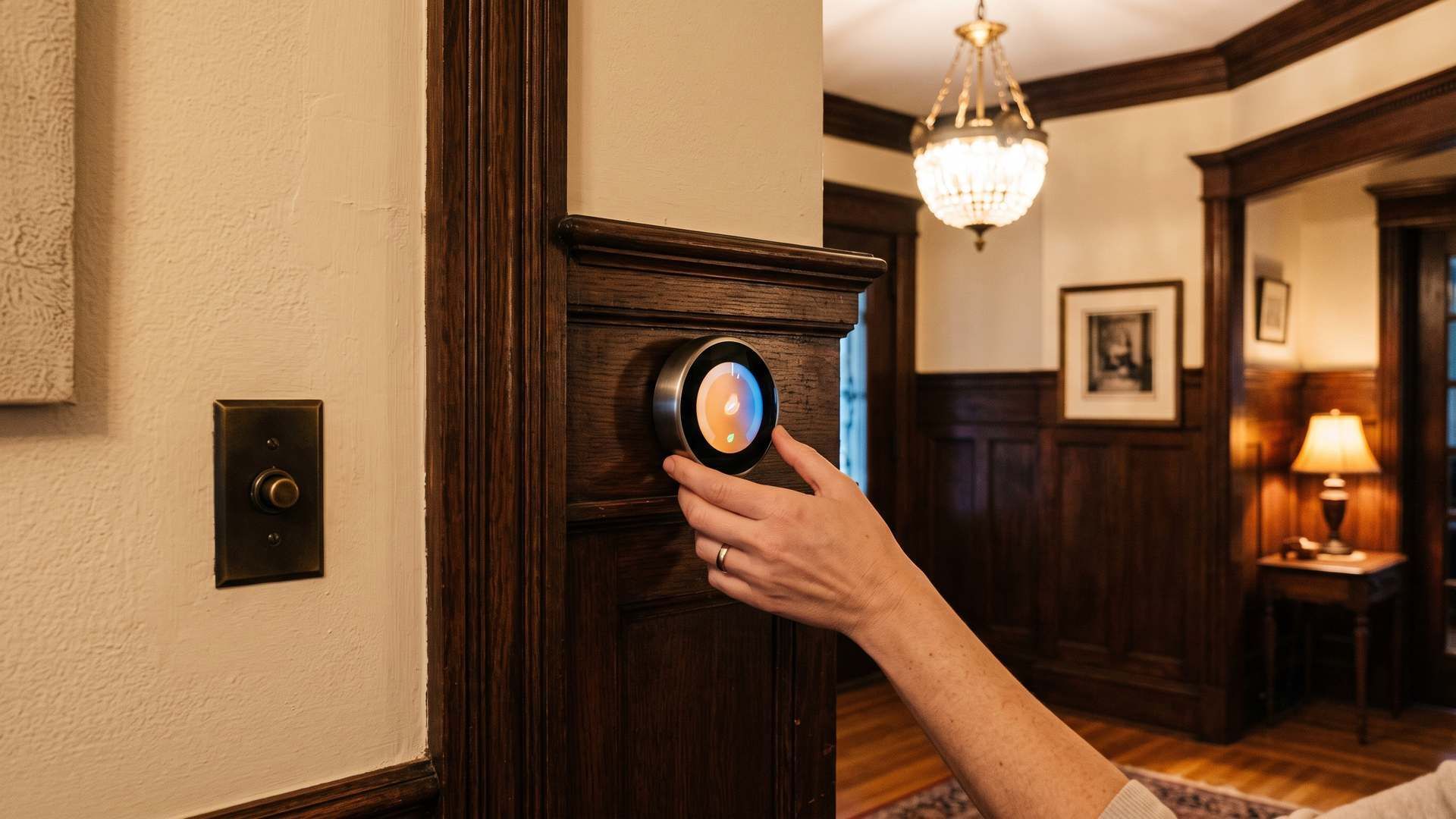 Hand adjusting a smart thermostat beside original wood trim in a historic Somerset County home