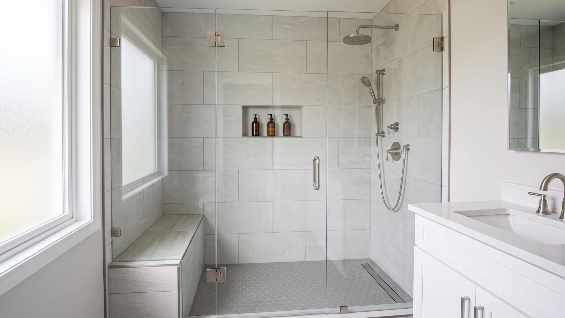 Walk-in shower with frameless glass, porcelain tile, niche and bench in a Somerset County bathroom