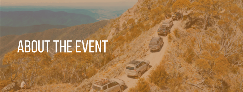 SUVs driving along a rocky coastal road with “ABOUT THE EVENT” text overlay